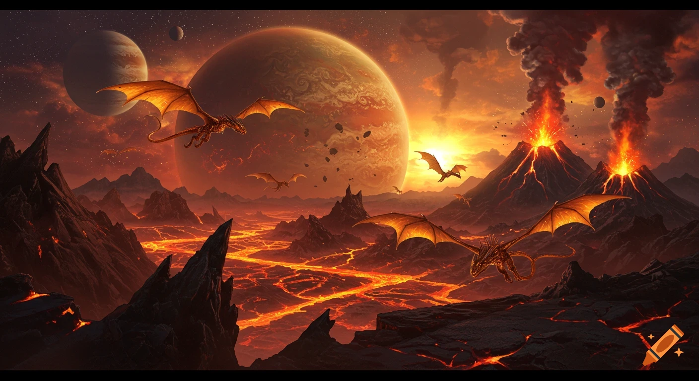 Fiery alien planet with multiple dragons flying over active volcanoes and lava flows under a large planet and moons.