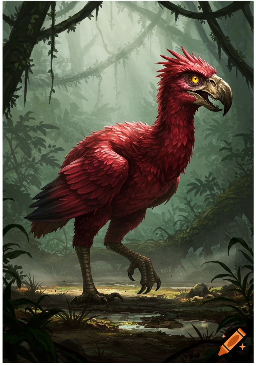 A fearsome, red terror bird with yellow eyes walks through a misty, overgrown jungle.