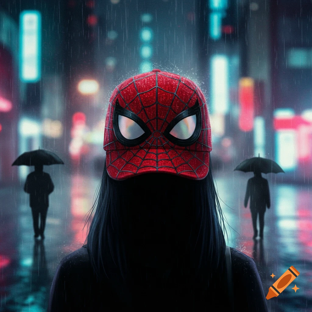 A faceless person in a red Spider-Man hat stands in the rain on a dark city street with blurred neon lights.