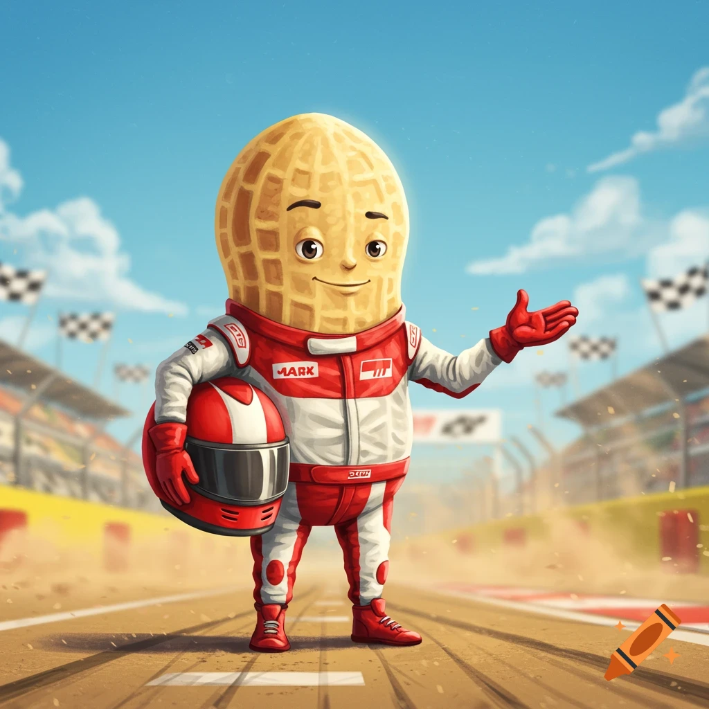 A cartoon peanut character in a red and white race suit stands on a race track, holding a helmet and gesturing.
