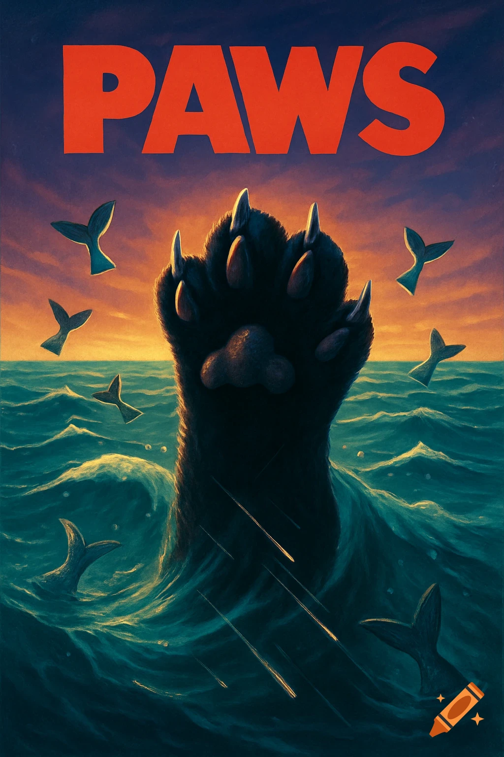 A movie poster parody. A giant dark paw with sharp claws emerges from rough blue ocean waves. Red text 'PAWS' is at the top. Whale tails are in the sky.