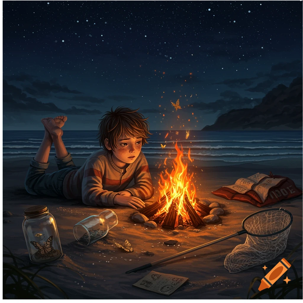 Scruffy-haired boy sadly looks into a bonfire on a beach at night, with a net and jars nearby, and glowing butterflies.