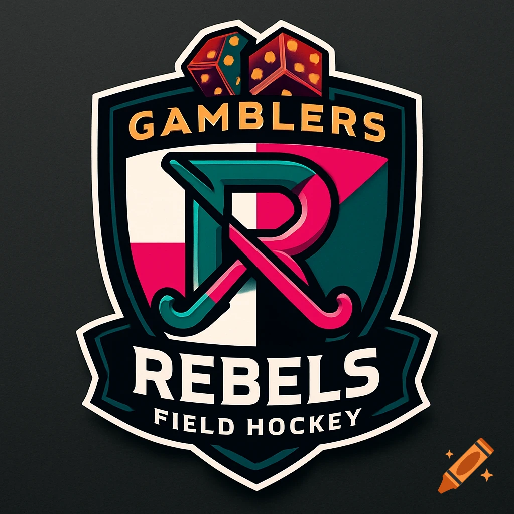 A sports team crest for Gamblers Rebels Field Hockey, featuring a stylized 'R' logo, hockey stick, and dice. Vector art style.