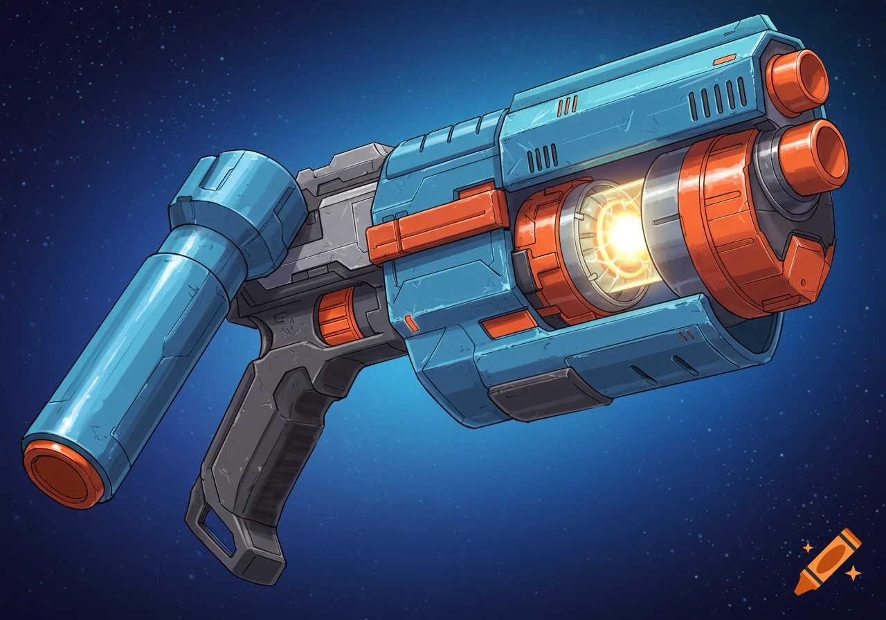 A stylized blue and orange sci-fi blaster with a glowing barrel, resembling a Nerf gun, against a starry blue background.