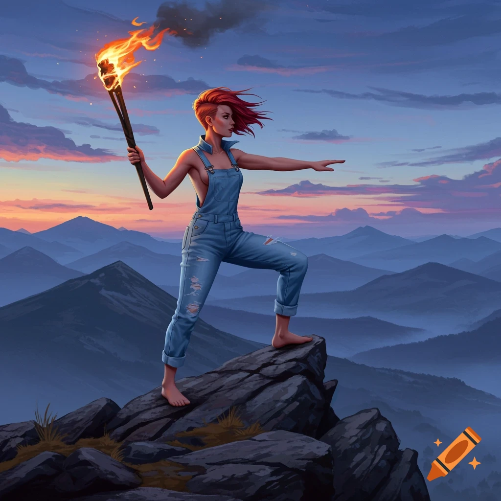A red-haired woman in overalls stands on a mountain peak at sunset, confidently holding a flaming torch as her hair blows in the wind, overlooking a vast mountain range.