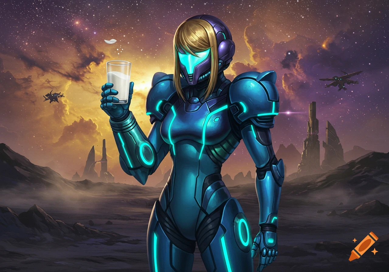Samus Aran in her blue Fusion Suit stands on an alien planet, holding a glass of milk under a starry, cloudy sky with spaceships.