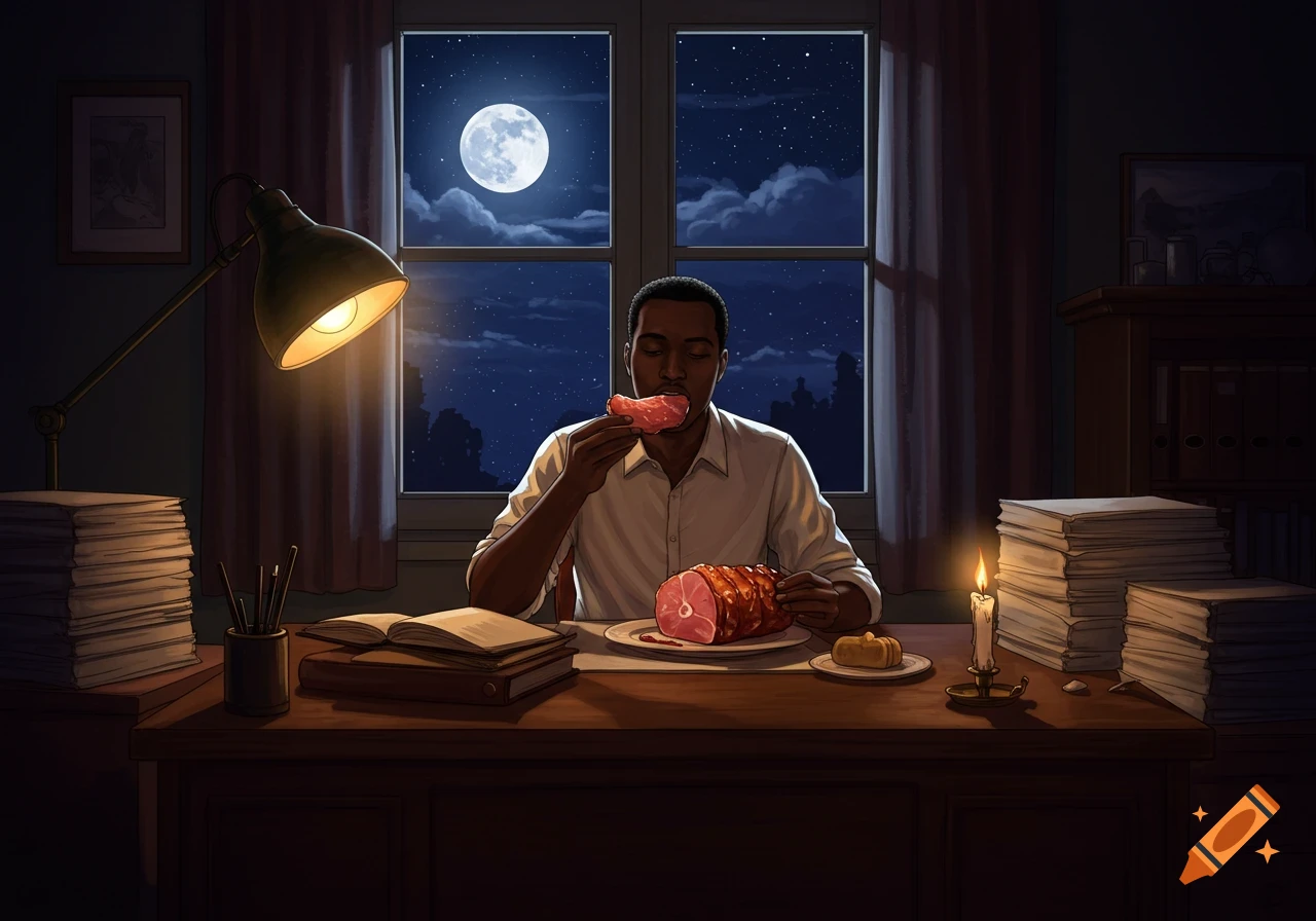 A black man in a white shirt sits at a desk at night, eating a slice of ham, with a full moon visible through the window.