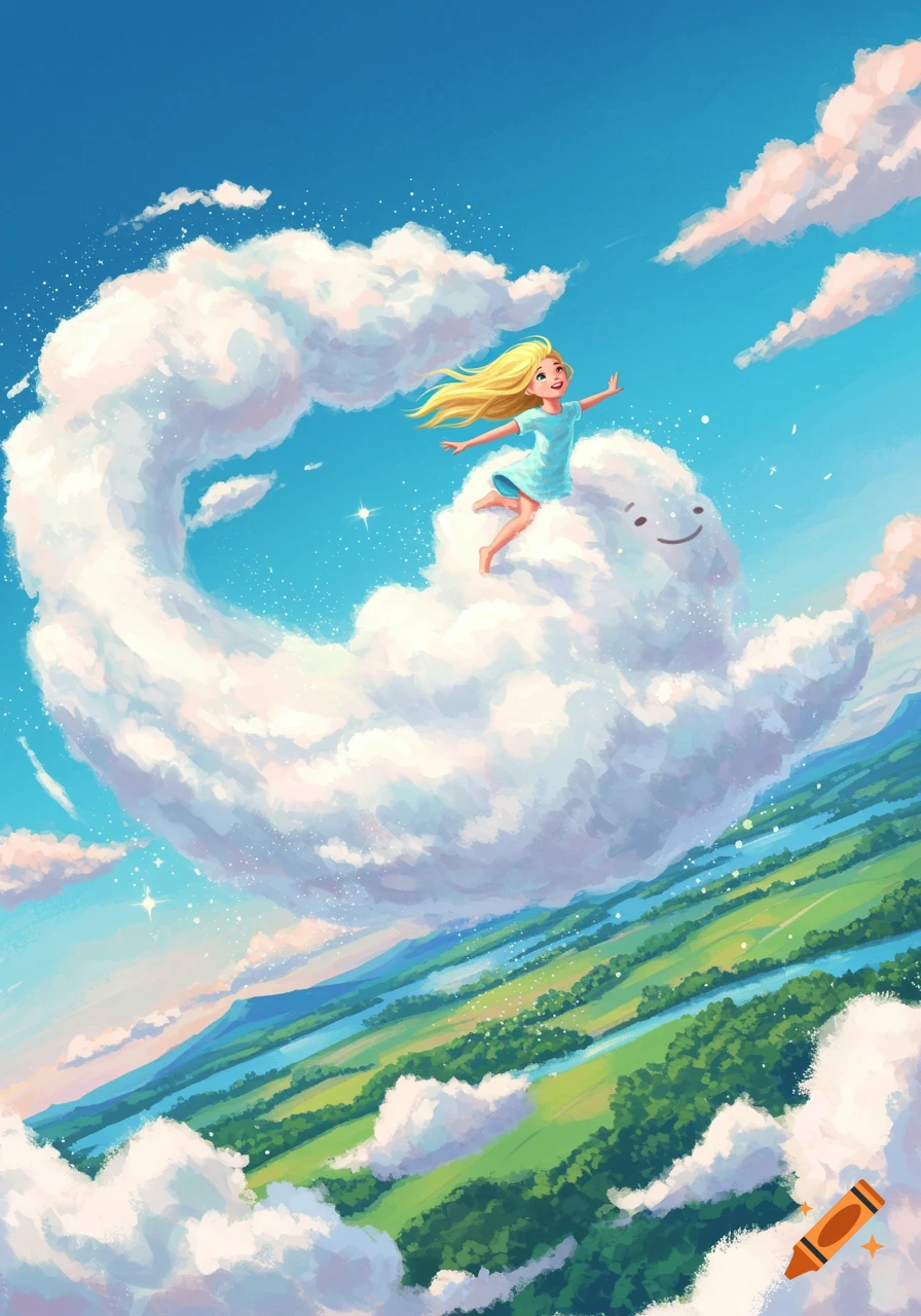 A blonde girl in a blue dress flies on a white cloud with a smiley face over a green landscape under a bright blue sky, in a cartoon illustration style.