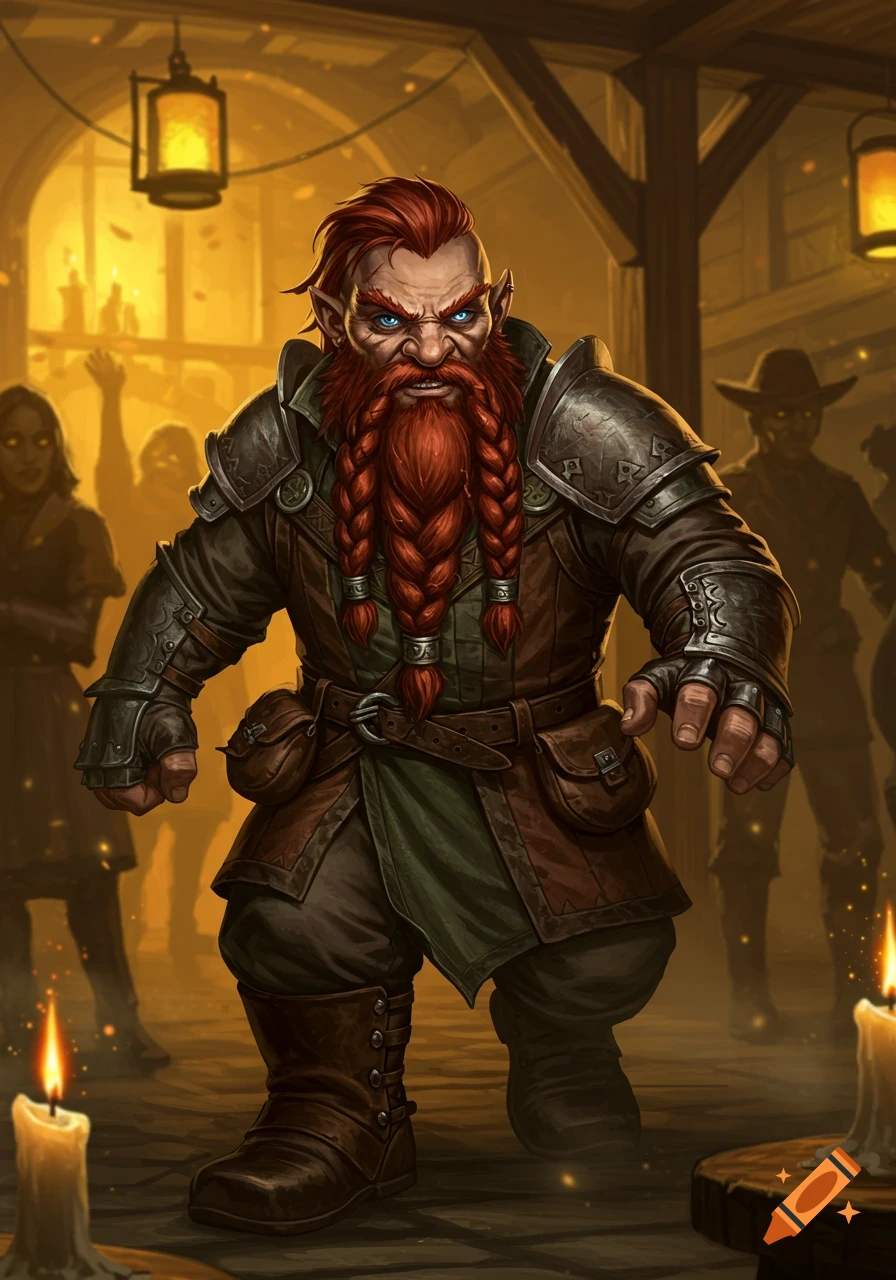 A fierce-looking dwarf with red braided hair and a beard, wearing leather armor, stands in a dimly lit tavern with other figures in the background. Digital painting.