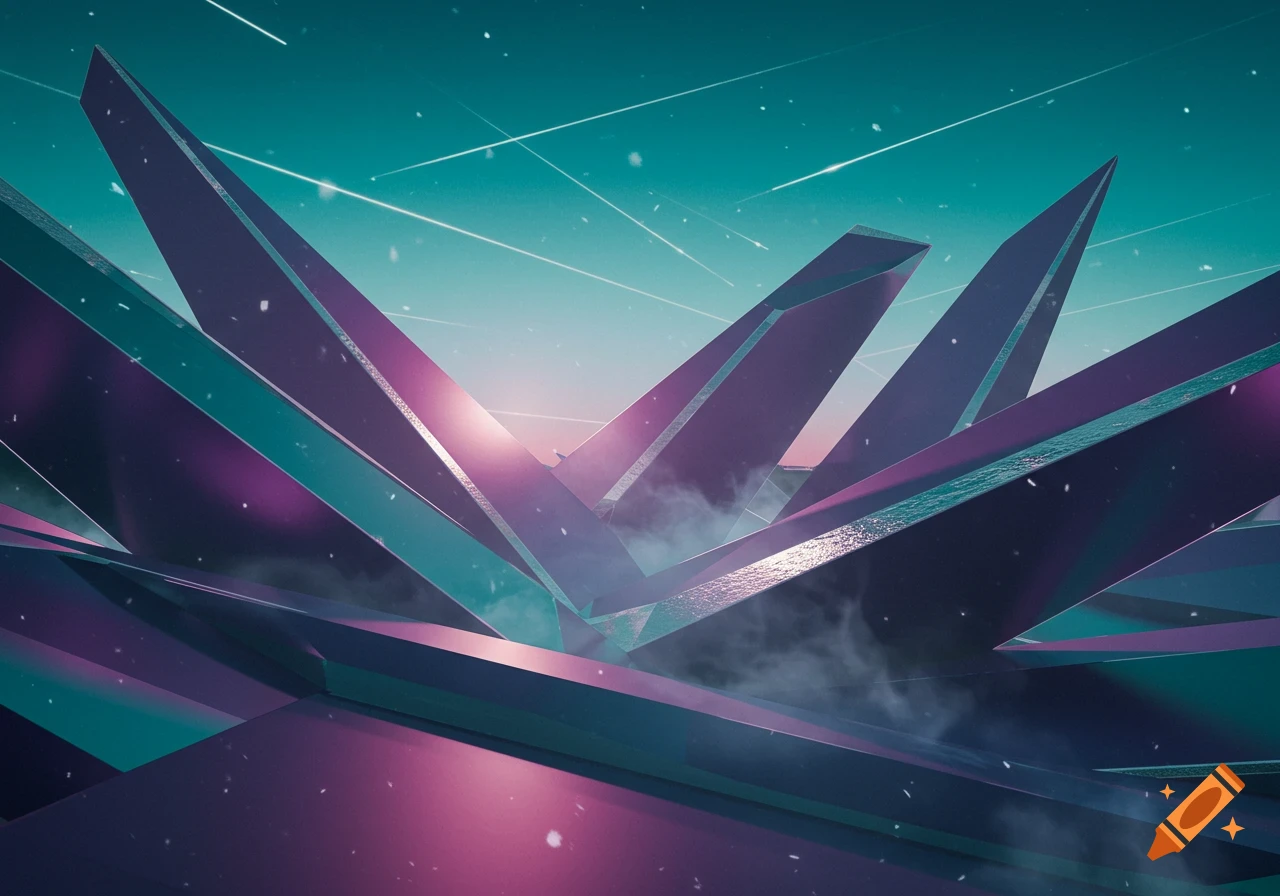 Abstract digital art featuring sharp, faceted geometric shapes in purple and teal with a bright light source, mist, and light streaks.