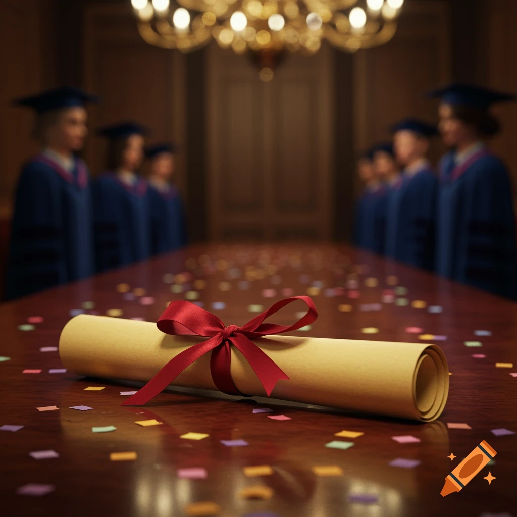 A rolled diploma tied with a red ribbon lies on a confetti-strewn wooden table, with blurred graduates in blue gowns in the background.