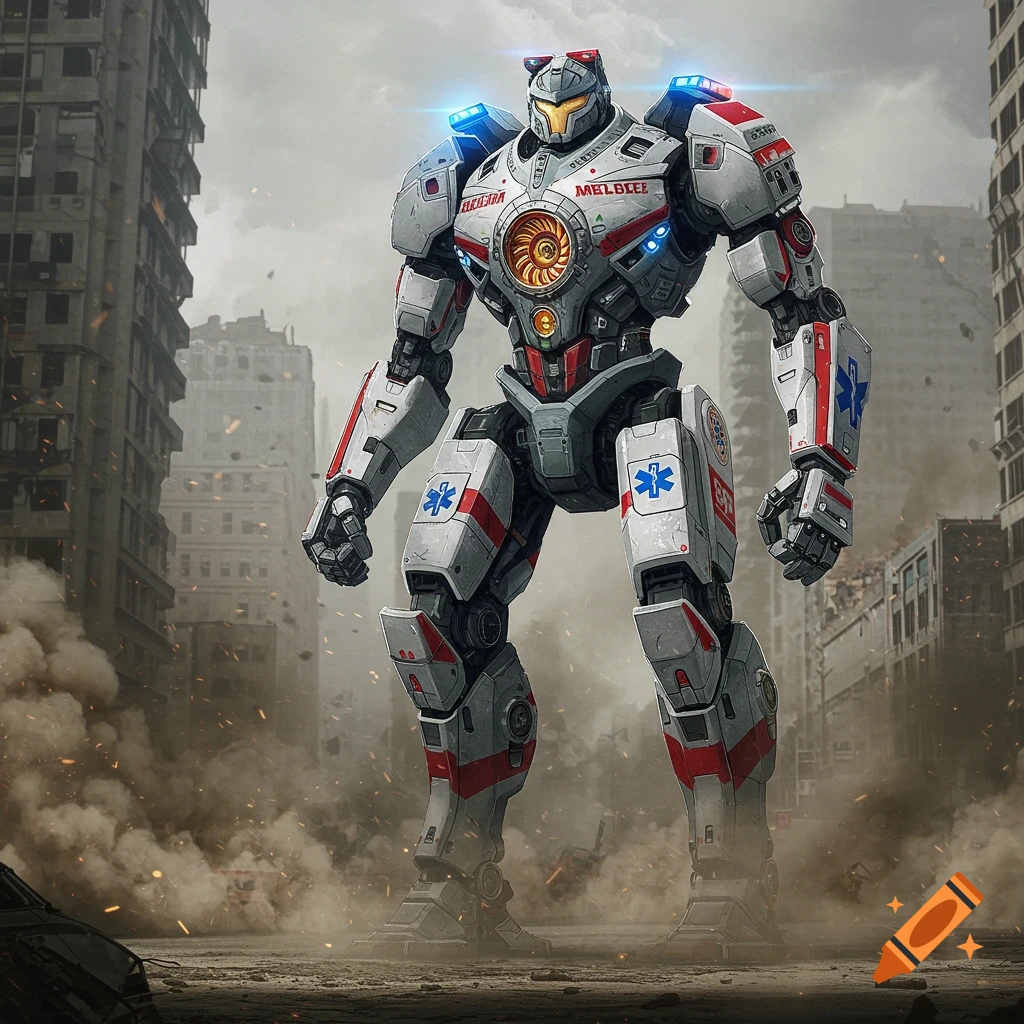 A giant white and red robot, inspired by an ambulance, stands in a ruined city street filled with dust and debris.
