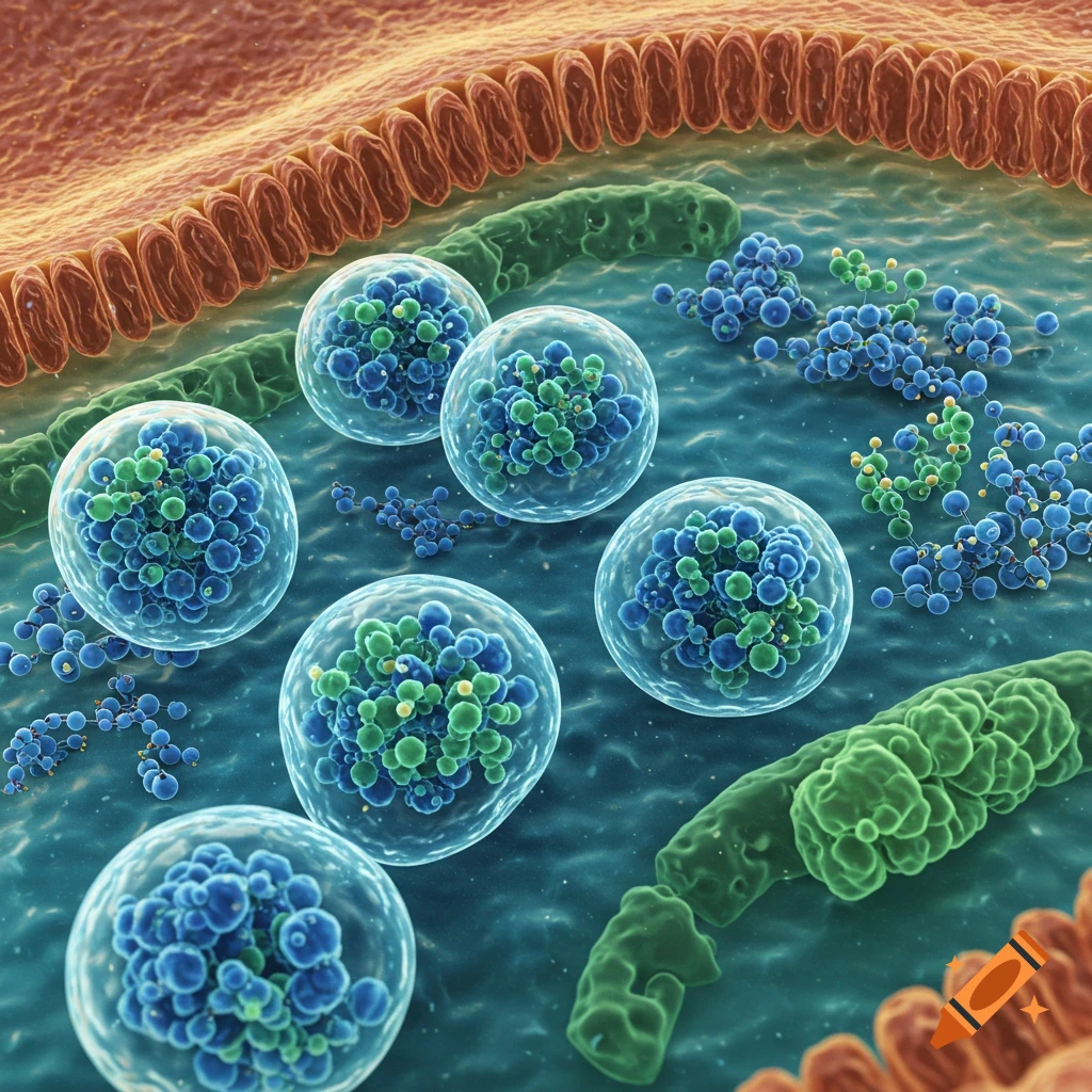 Zoomed-in three-dimensional cross-section of a cell showing biomolecular condensates and cellular structures.