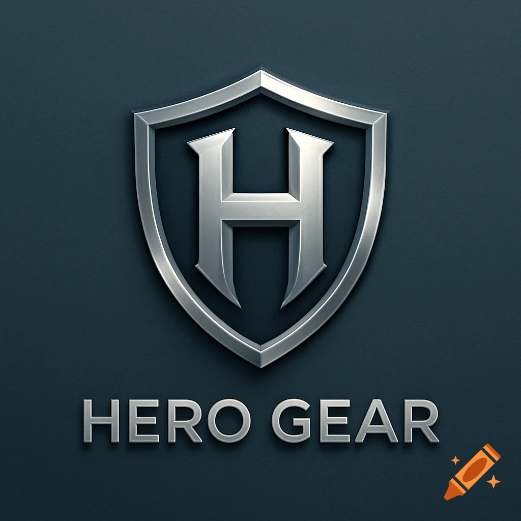A silver metallic shield logo with a stylized 'H' inside, above the words 'HERO GEAR' in matching metallic text on a dark background.
