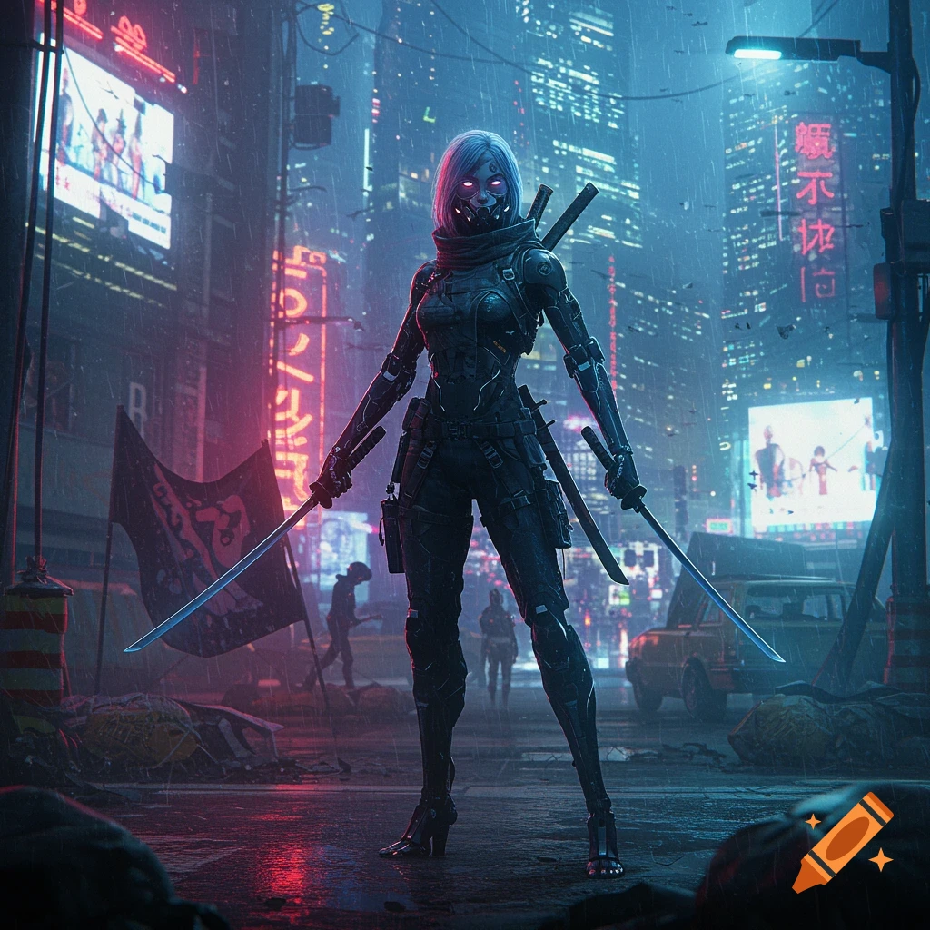 A cyber assassin with dual katanas stands in a rainy, neon-lit dystopian city street.