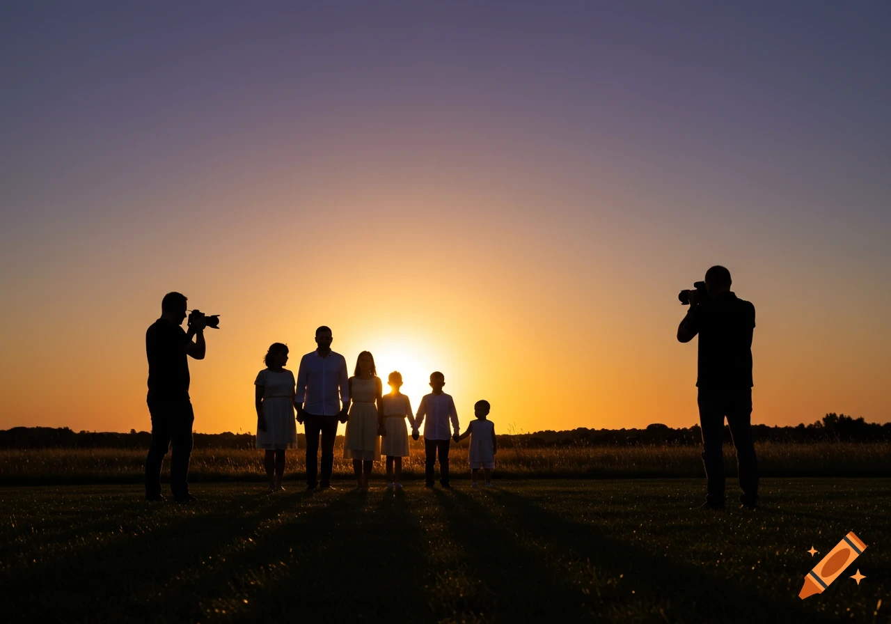 A family and two photographers are silhouetted against a vibrant sunset in an open field.