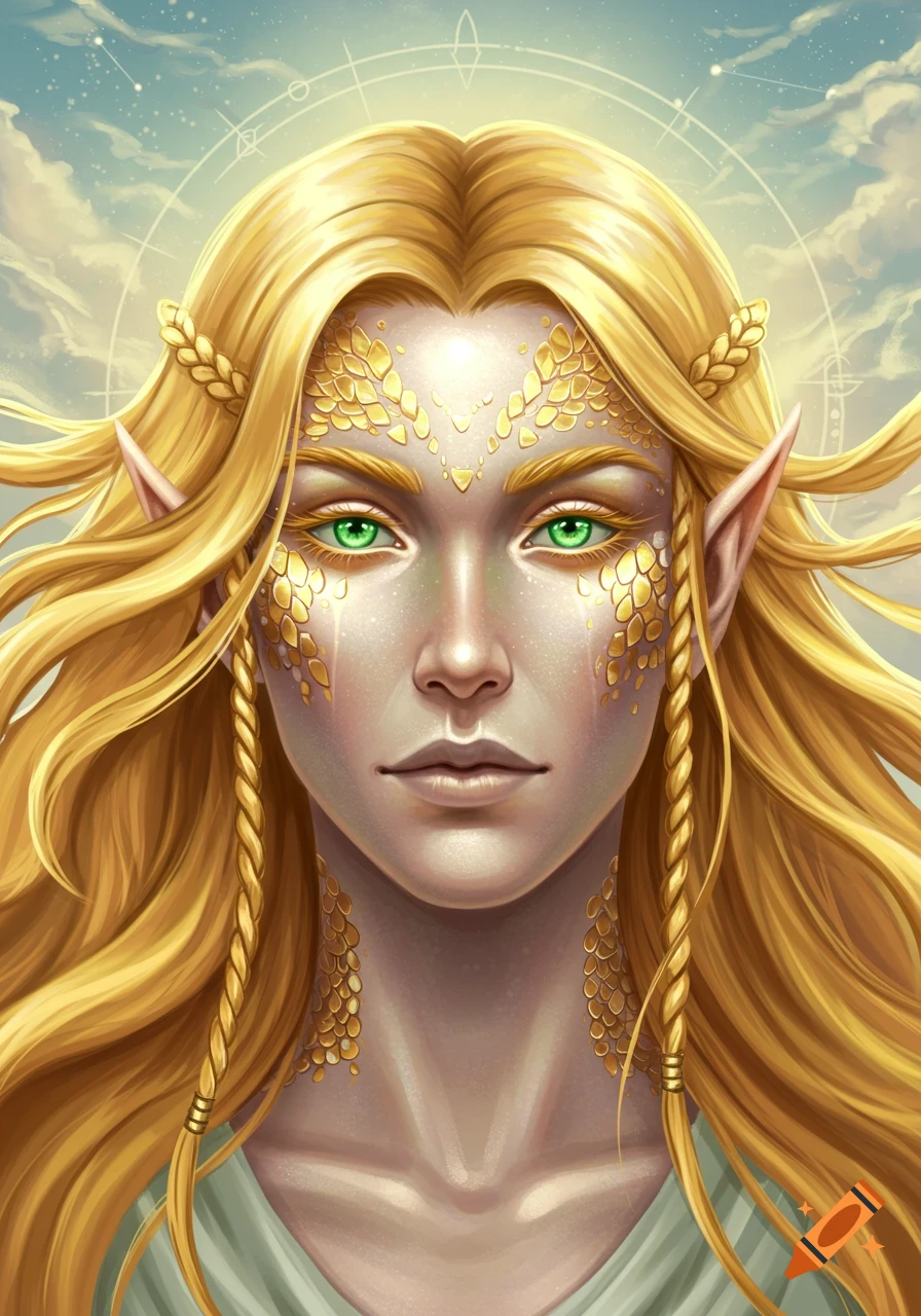 Portrait of an aasimar with long golden hair, pointed ears, and green eyes, with shimmering gold scales on their face and neck.