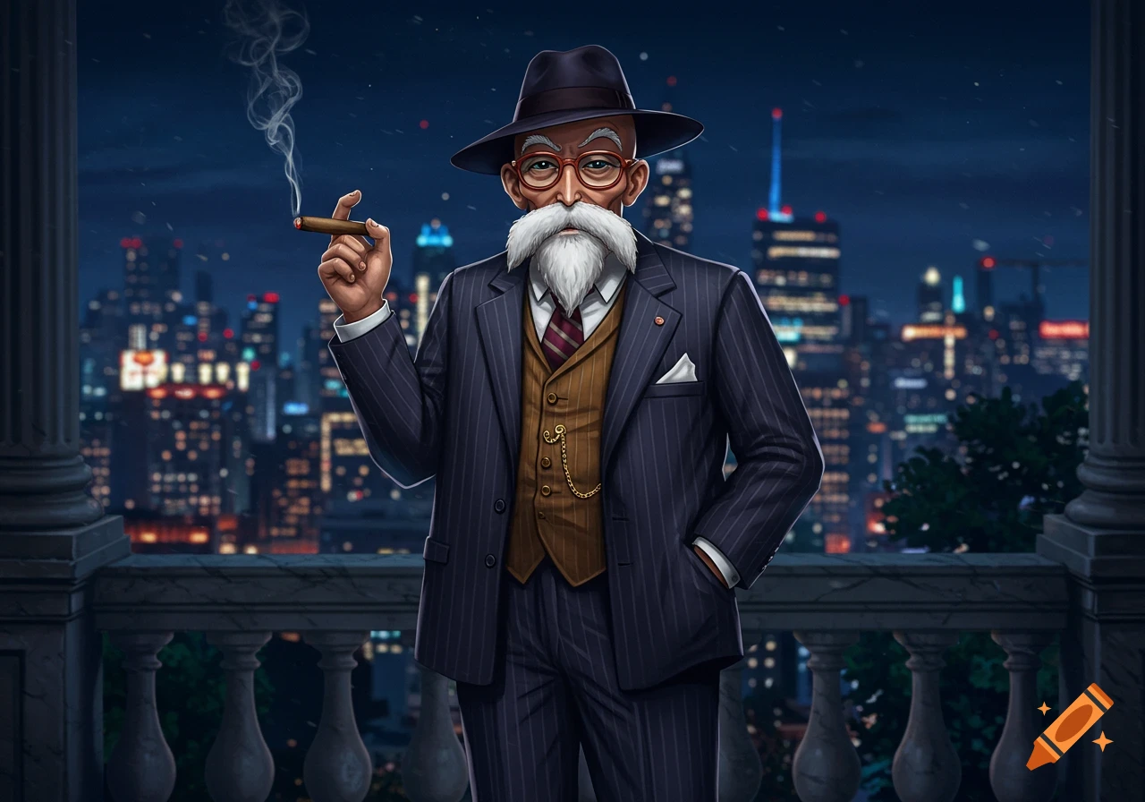 An illustrative image of an old man with a long white beard and a hat, smoking a cigar on a balcony overlooking a city at night.