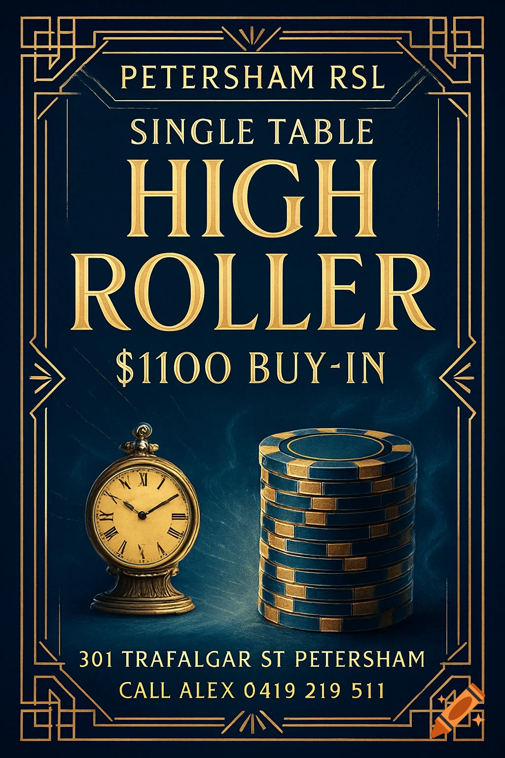 A dark blue poster with gold art deco borders advertises a "Single Table High Roller" poker game with a "$1100 BUY-IN." It features a gold pocket watch and a stack of blue and gold poker chips. Contact details are at the bottom.