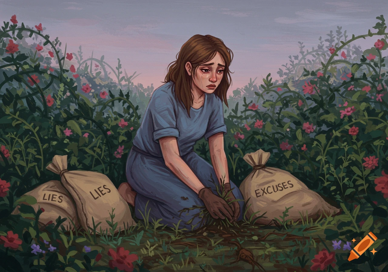 Digital illustration of a sad woman kneeling in a tangled garden, pulling weeds, with bags labeled 'Lies' and 'Excuses' beside her.