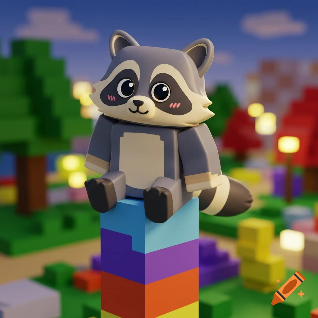 A cute, blocky cartoon raccoon toy sitting on a stack of colorful blocks in a pixelated landscape.