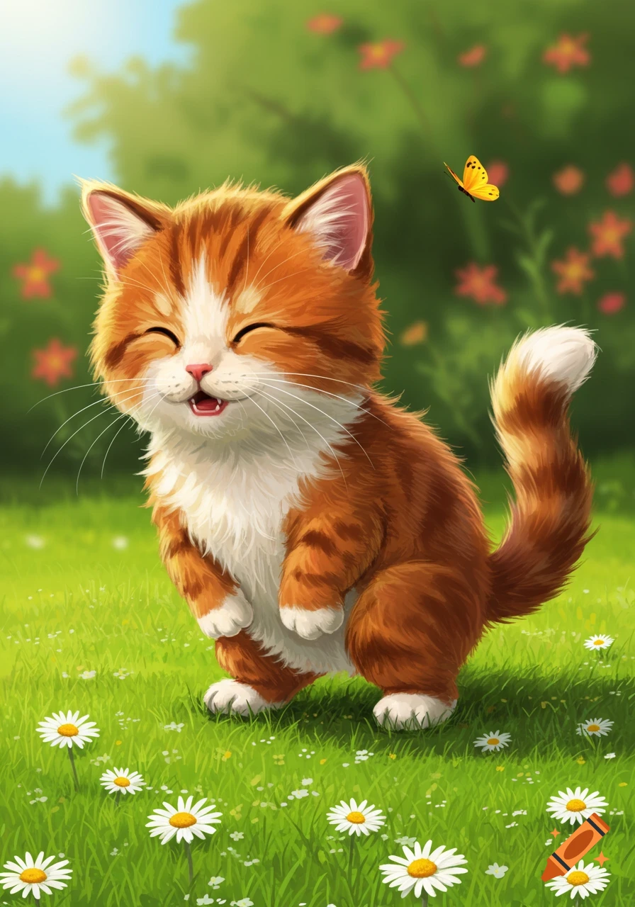 A cute, happy, fluffy orange and white cartoon cat sits in a sunny green field filled with white daisies, looking up at a yellow butterfly.