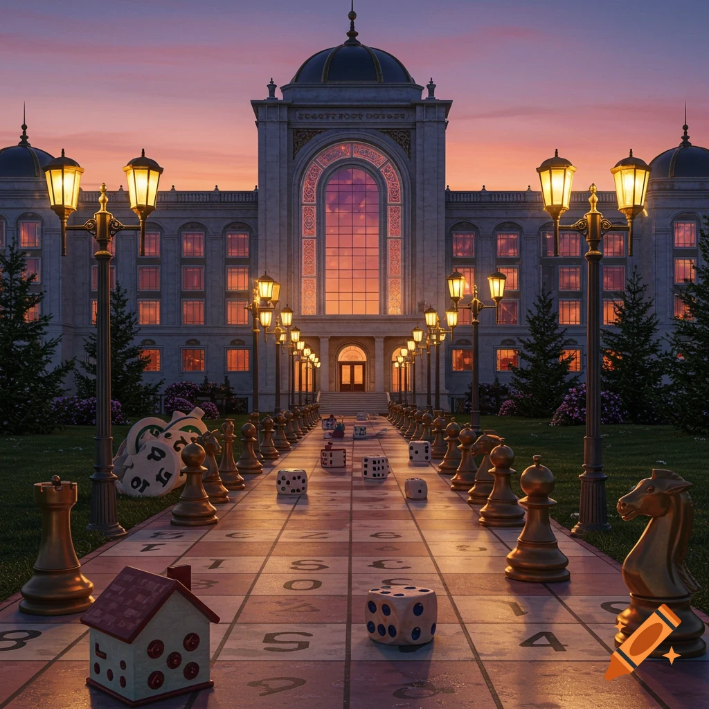 A grand, classical building at sunset, with a path leading to it made of a giant game board, lined with oversized chess pieces, dice, and a Monopoly-style house.