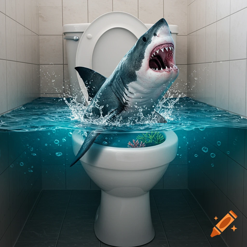A photorealistic shark leaps out of a toilet bowl, splashing water in a bathroom.