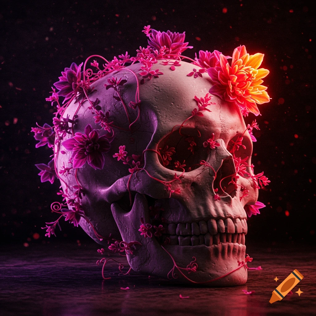 A stylized skull adorned with vibrant pink and orange flowers and vines, set against a dark, speckled background.