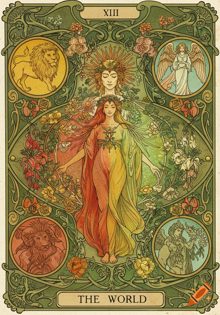 An ornate Art Nouveau style tarot card for The World, featuring a woman emerging from a floral wreath, with a celestial figure above and four symbols in corners.