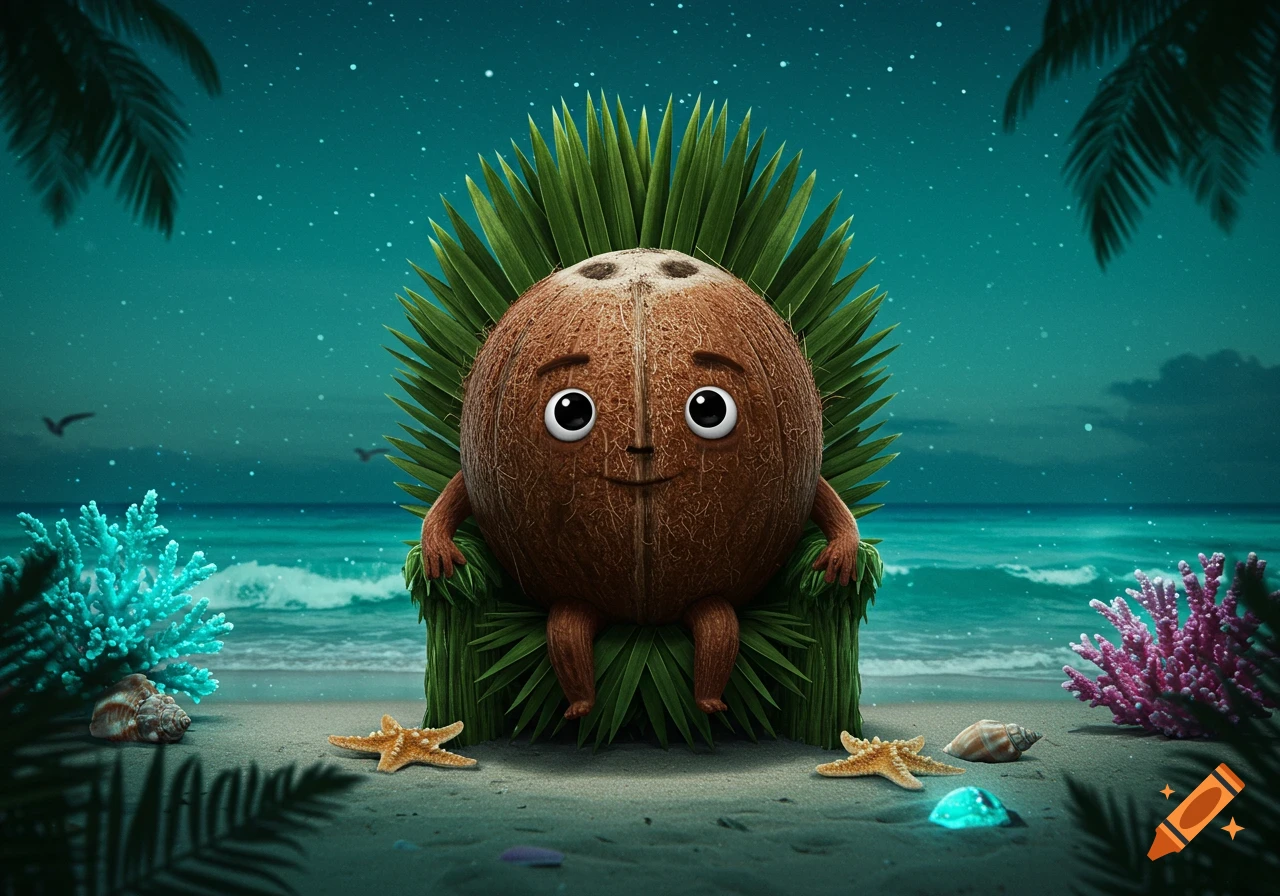 A cute cartoon coconut character with a smiling face sits on a throne made of palm fronds on a beach at night.