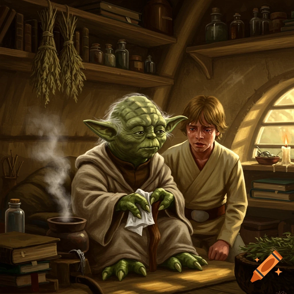 An illustration of Master Yoda sitting with a white cloth and cane, while a crying Luke Skywalker stands beside him in a rustic hut.