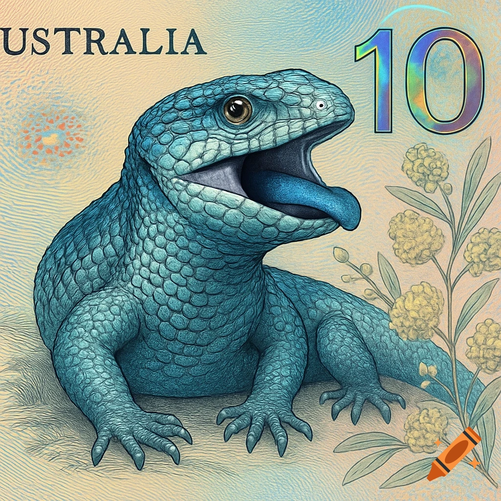 An illustration of a blue-tongued lizard on a stylized banknote. The note has 'USTRALIA' text and the number '10', with yellow wattle flowers on the right.