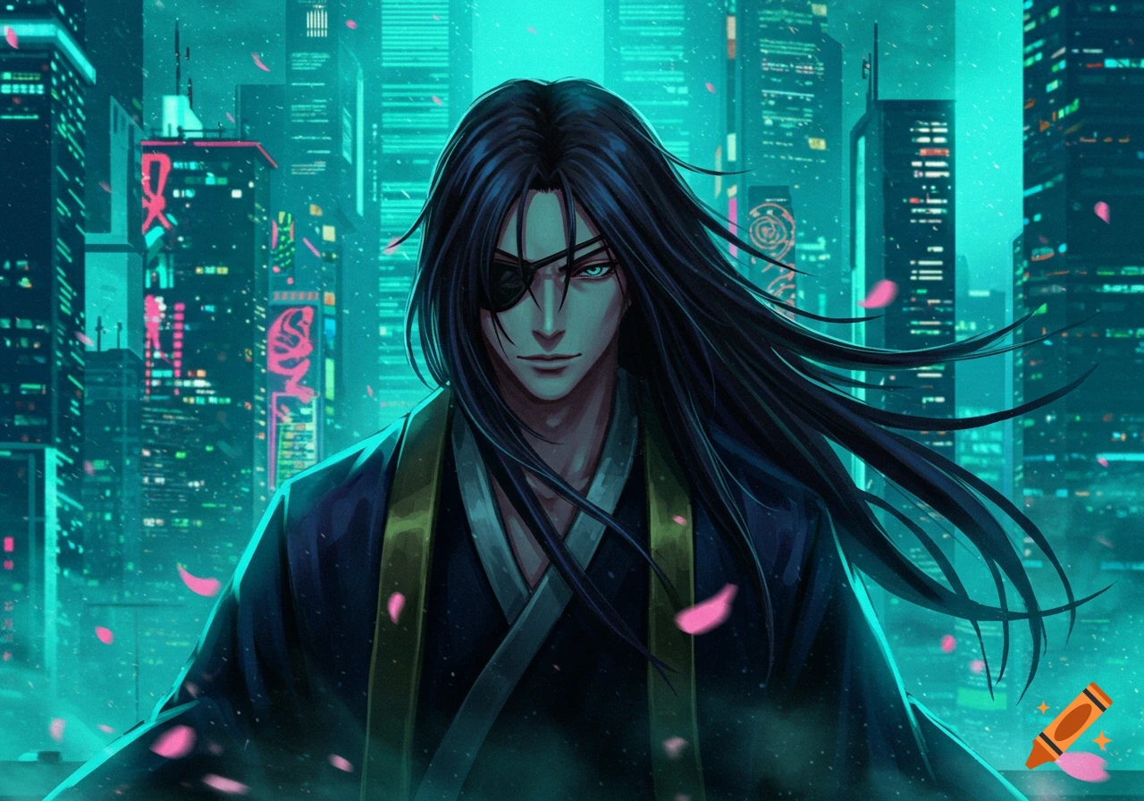 An anime character with long black hair and an eye patch stands in front of a teal and pink cyberpunk city.