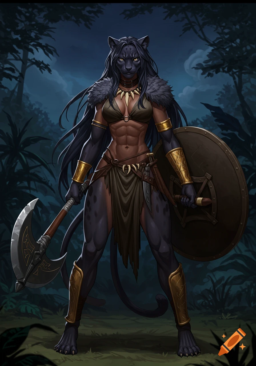 A powerful anthropomorphic panther warrior in tribal armor, wielding an axe and shield in a dark jungle.