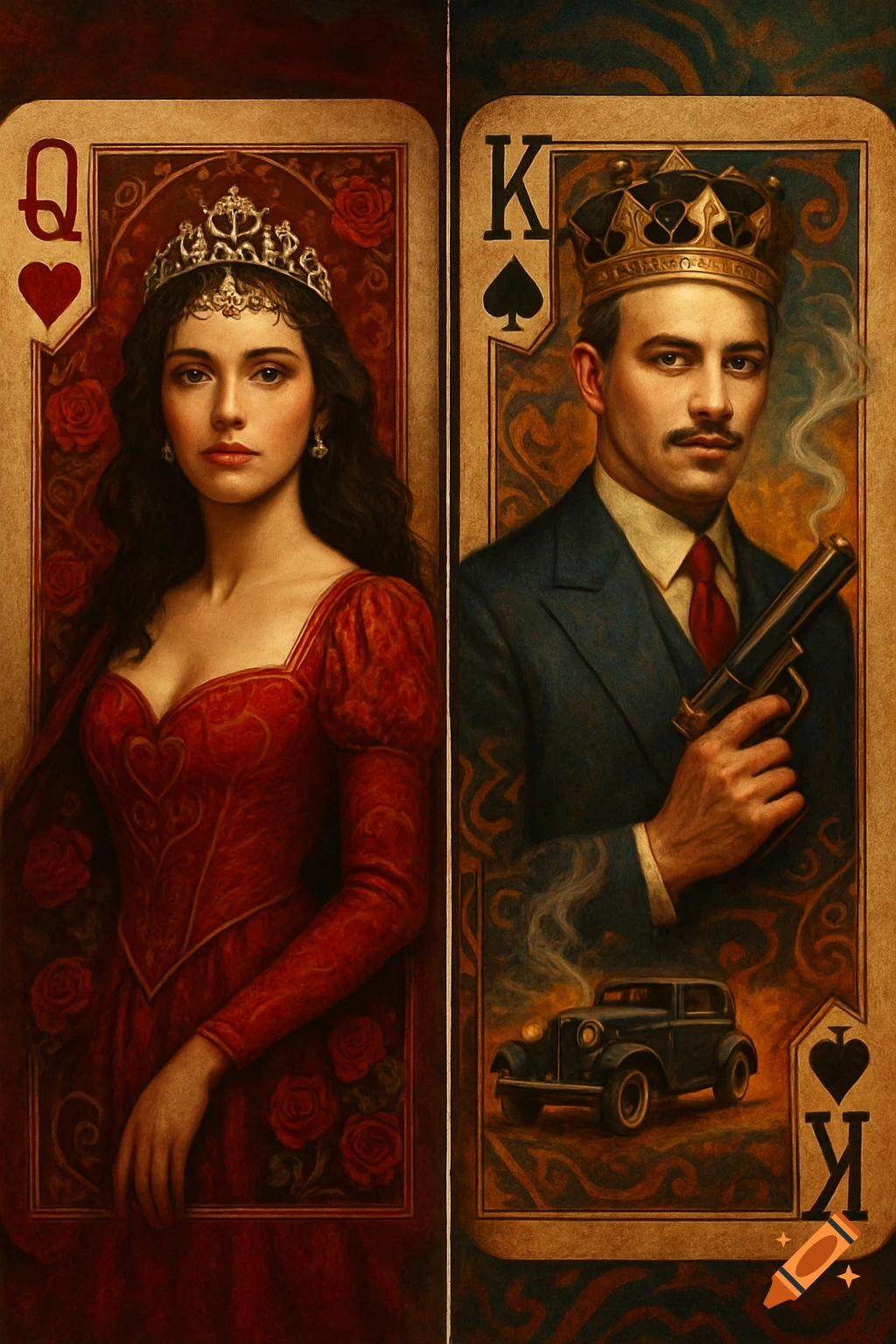 A stylized painting of a Queen of Hearts playing card on the left and a King of Spades playing card on the right, featuring Bonnie and Clyde.