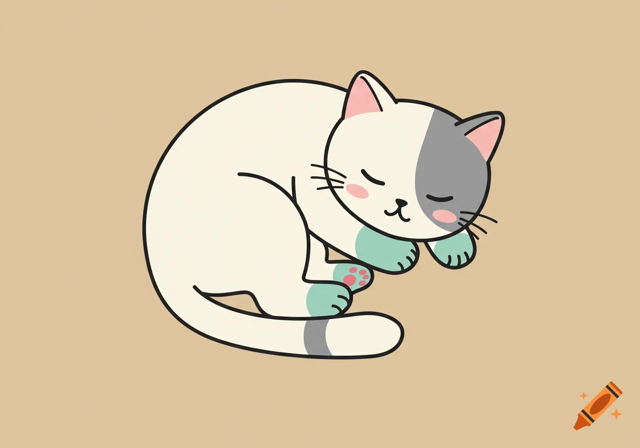 A cute, stylized white and gray cat is curled up sleeping on a tan background.