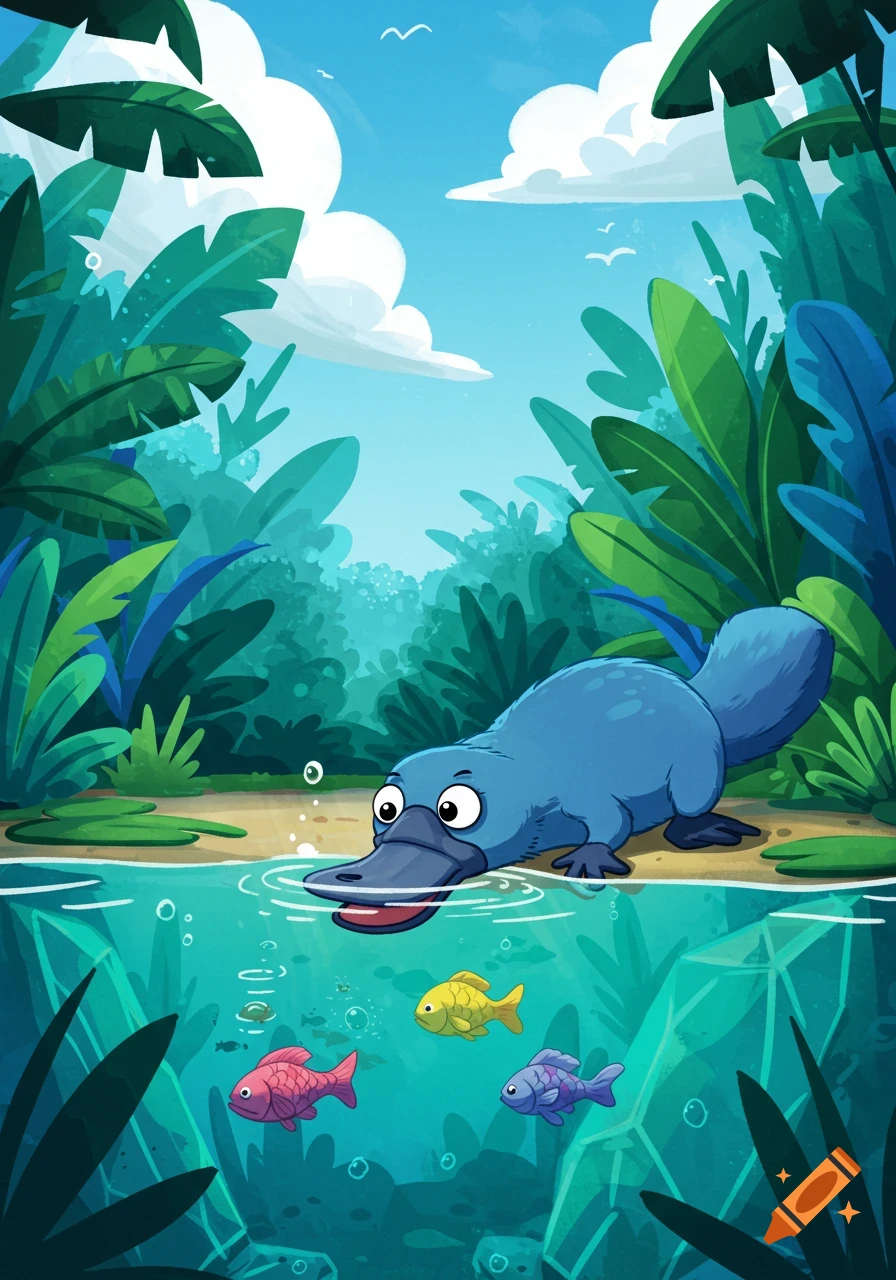 A cartoon blue platypus looks into a pond with colorful fish, surrounded by lush green jungle plants under a blue sky.