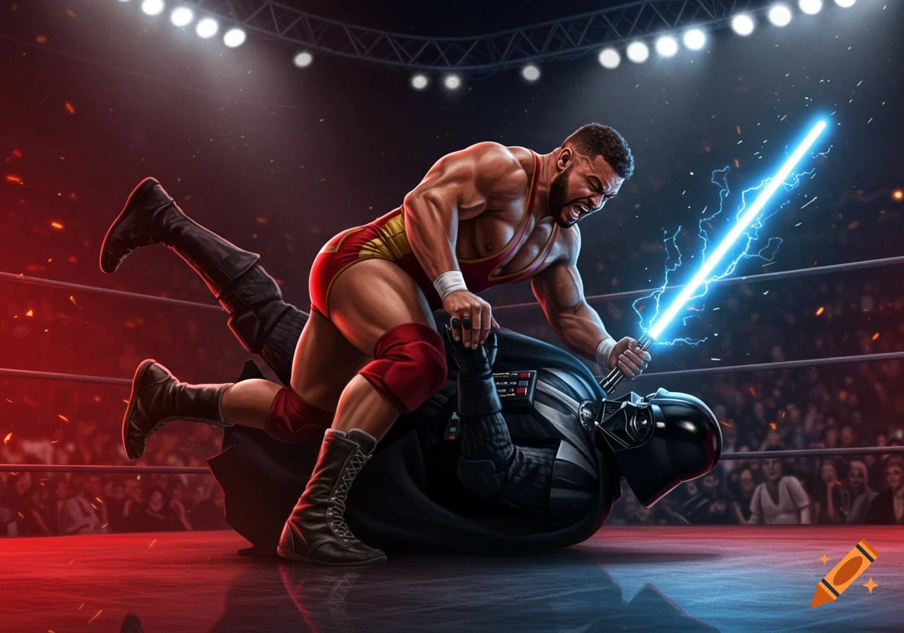 A muscular wrestler in a red and yellow singlet pins Darth Vader in a brightly lit wrestling ring, holding a glowing blue lightsaber.