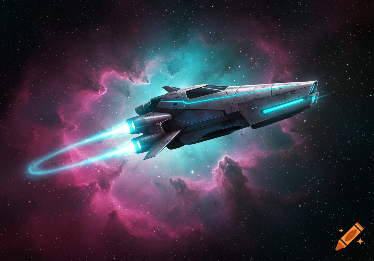 A sleek spaceship with glowing blue engines flies through a pink and teal nebula in deep space.