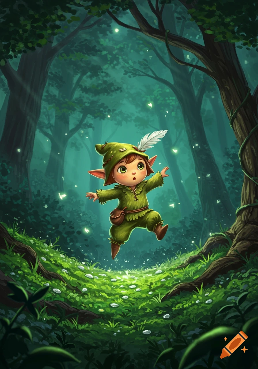 A small, green-clad elf-like creature with big eyes leaps happily in a magical, glowing forest. Illustrated.