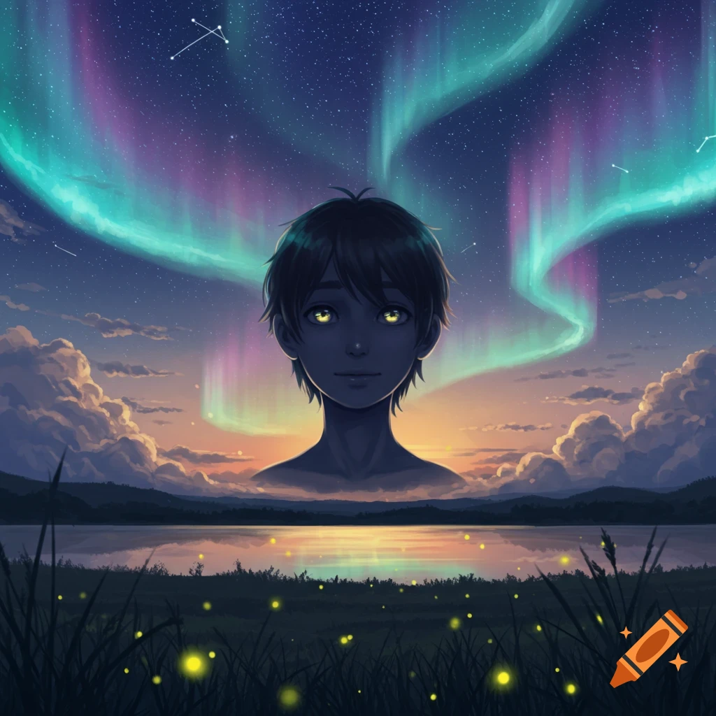 A dark-haired anime boy's head floats in the night sky with vibrant aurora borealis over a peaceful lake reflecting the sky, and glowing fireflies in the grass.
