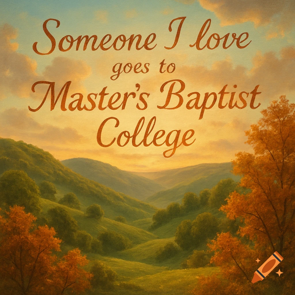 Painterly landscape of green hills and autumn trees under an orange sky, with text "Someone I love goes to Master's Baptist College."