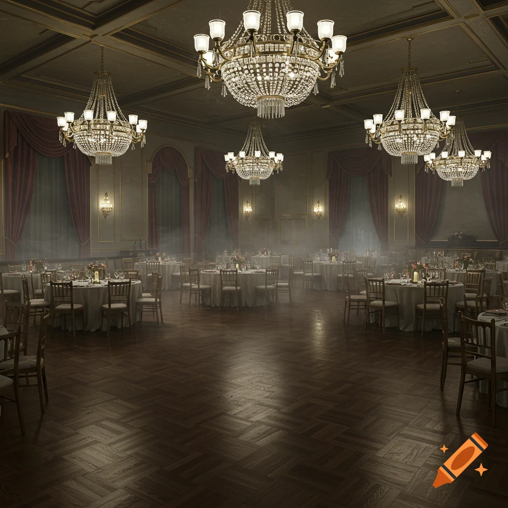 A grand ballroom with numerous sparkling chandeliers, set tables, and a hazy atmosphere, reminiscent of a classic hotel.
