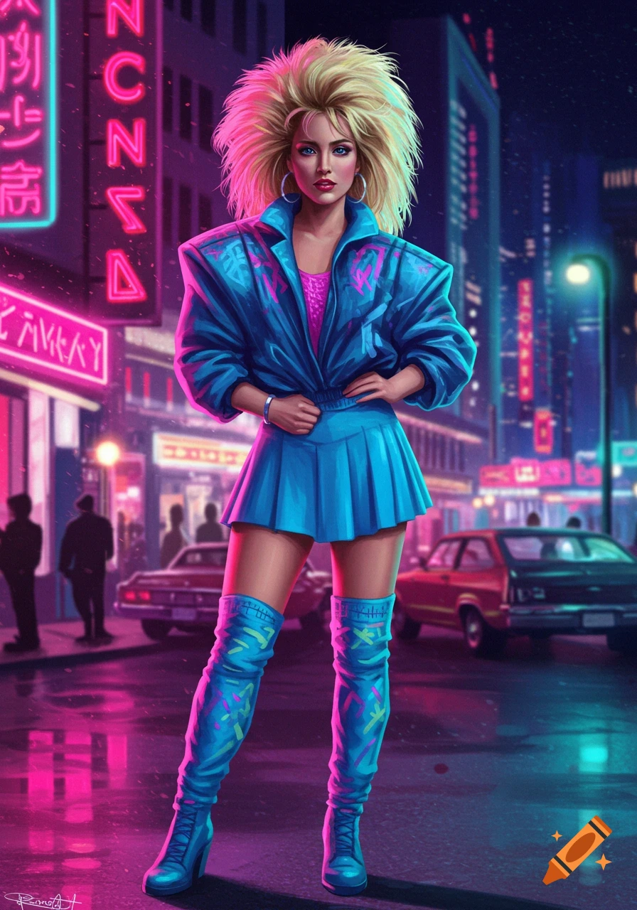 A woman with large blonde hair in an 80s-style blue jacket, pink top, and blue pleated skirt stands on a neon-lit city street at night.