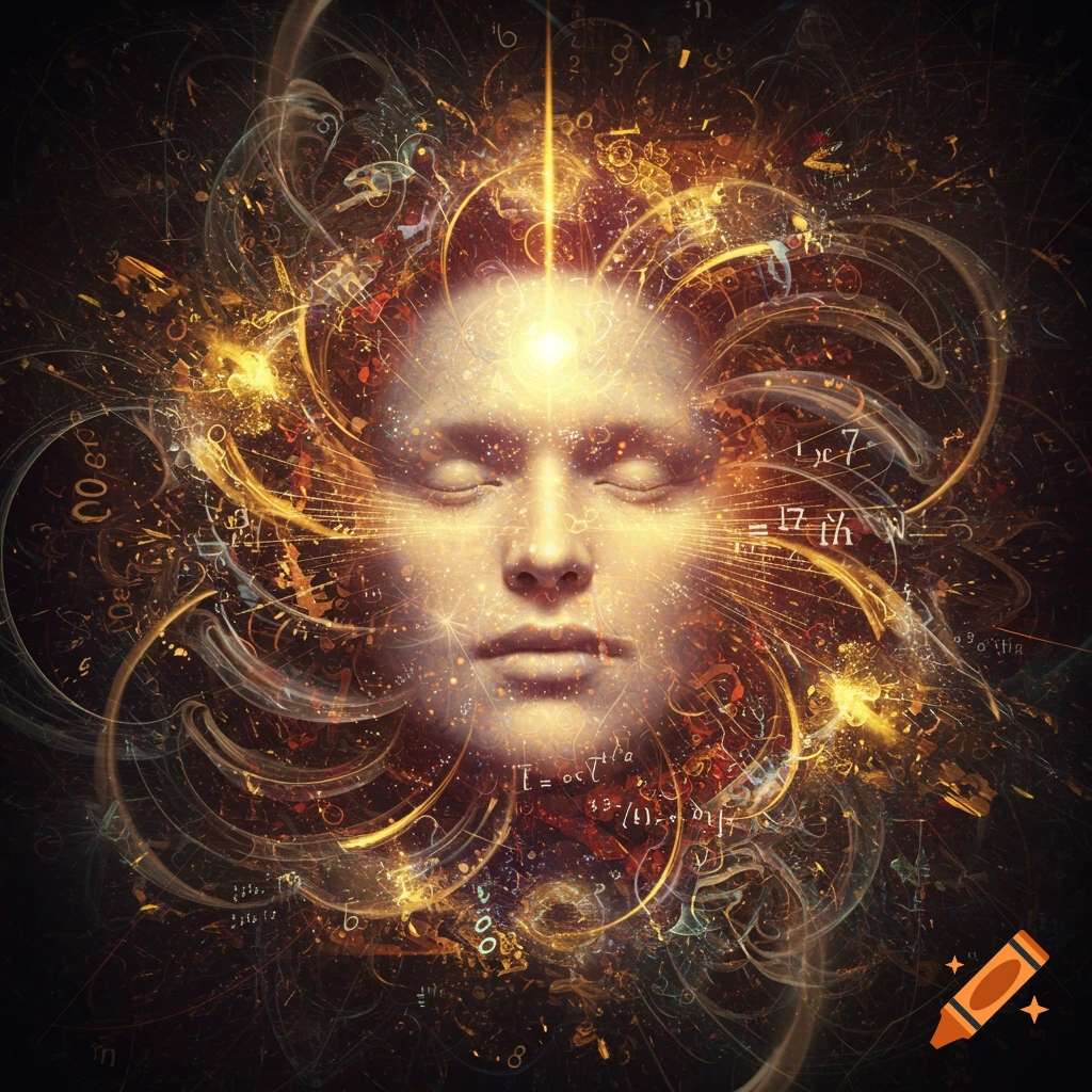 A glowing human face with closed eyes surrounded by swirling golden light and abstract mathematical symbols on a dark background.