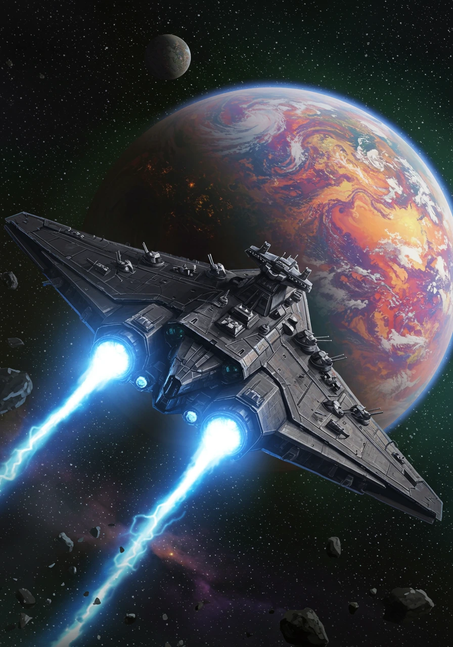 A heavily armed, triangular warship with glowing blue engines flies through space towards the viewer, with a large, swirling planet and a moon in the background.