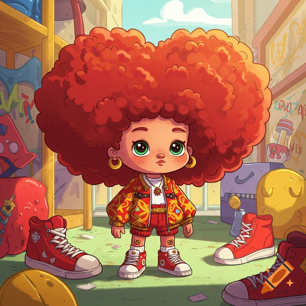 A vibrant cartoon kid with a large red afro, green eyes, and freckles stands wearing a red and gold designer outfit and red sneakers in a cluttered, graffiti-covered setting.
