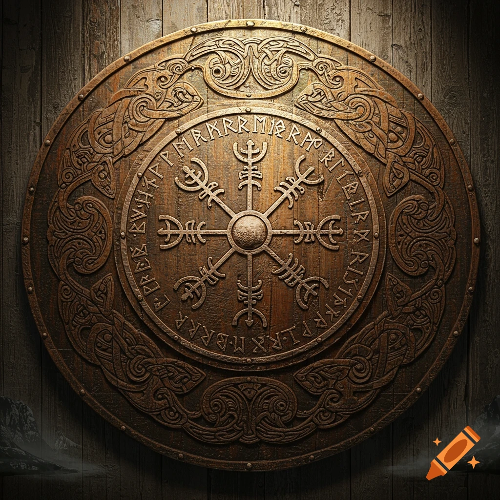 A close-up of a circular wooden Viking shield, richly decorated with embossed Celtic knotwork, animal designs, and a central Vegvisir symbol, surrounded by runic inscriptions on a dark wood background.