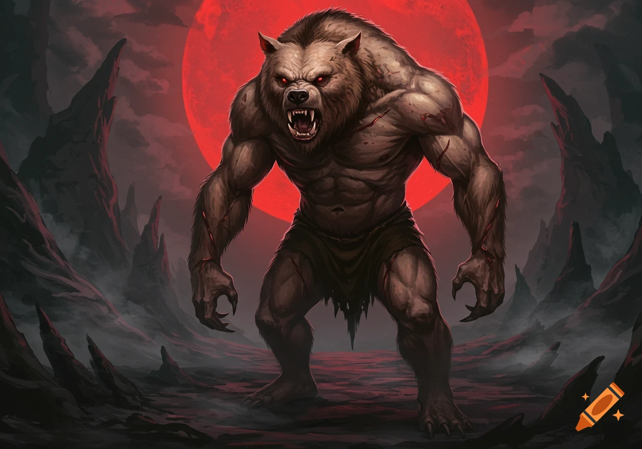 A hulking, bear-like monster with glowing red eyes and sharp teeth stands in a dark, rocky landscape under a blood-red moon.